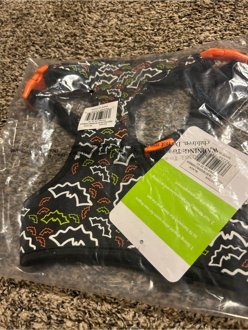 wonder nation Black Dog Harness with Orange and Lime Bat Pattern